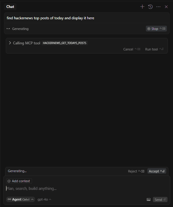 asking agent chat to fetch hackernews posts