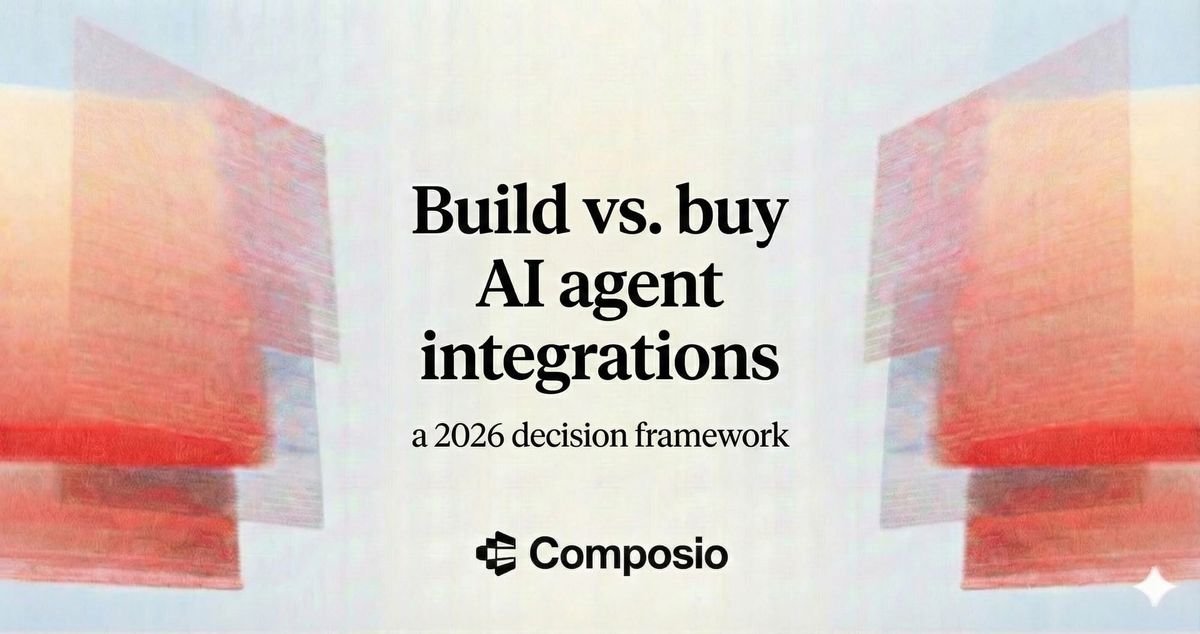Hero image with the text "Build vs. buy AI agent integrations" as the main title, and "a 2026 decision framework" as the subtitle, above the Composio logo, against an abstract background of r