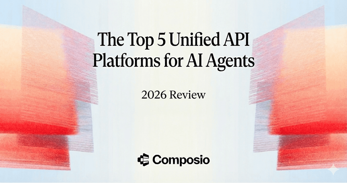 Hero image for Composio's blog post reviewing the top 5 Unified API platforms for AI agents in 2026. The image features large black text "The Top 5 Unified API Platforms for AI Agents 2026 Re