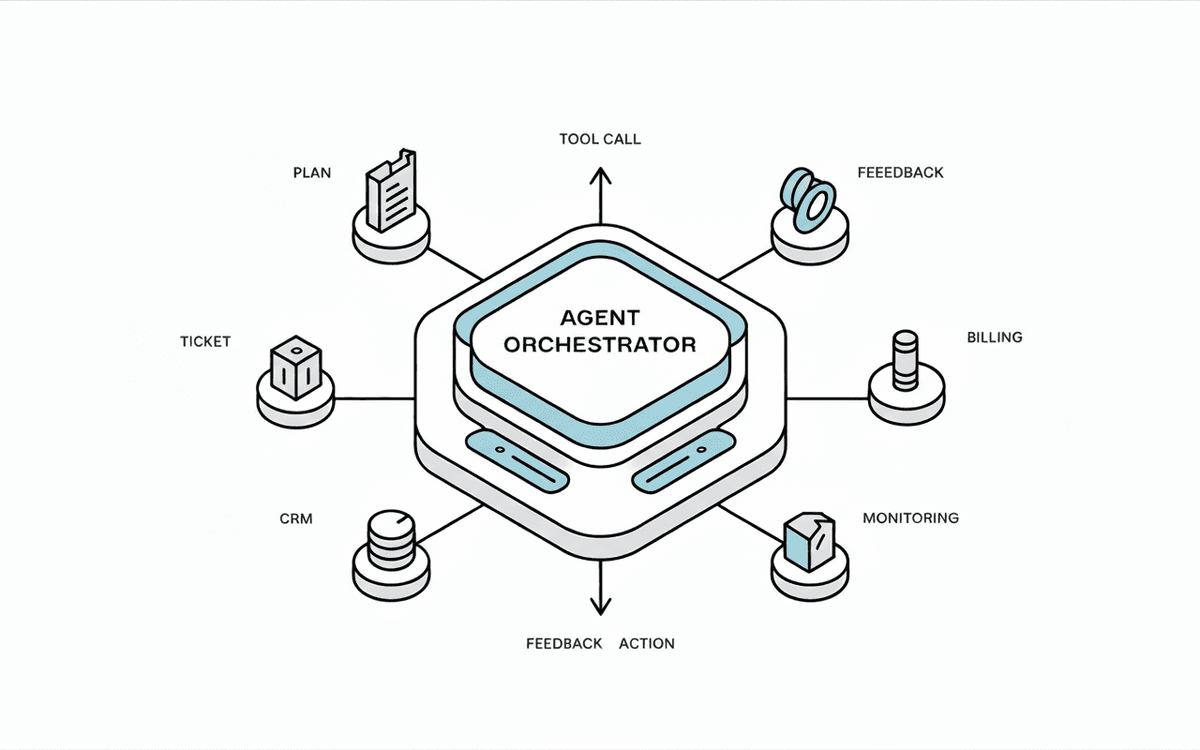 A dark, blueprint-like illustration shows a hexagonal node labeled Agent Orchestrator at the center. Thin radial lines connect it to five generic system icons: a ticket, a bug, a contact/CRM 