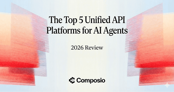 Hero image for Composio's blog post reviewing the top 5 Unified API platforms for AI agents in 2026. The image features large black text "The Top 5 Unified API Platforms for AI Agents 2026 Re