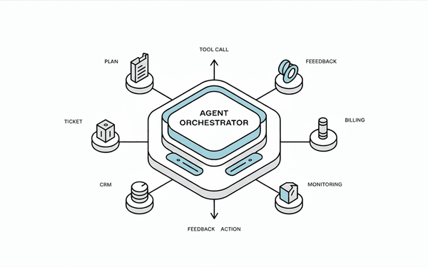 A dark, blueprint-like illustration shows a hexagonal node labeled Agent Orchestrator at the center. Thin radial lines connect it to five generic system icons: a ticket, a bug, a contact/CRM 