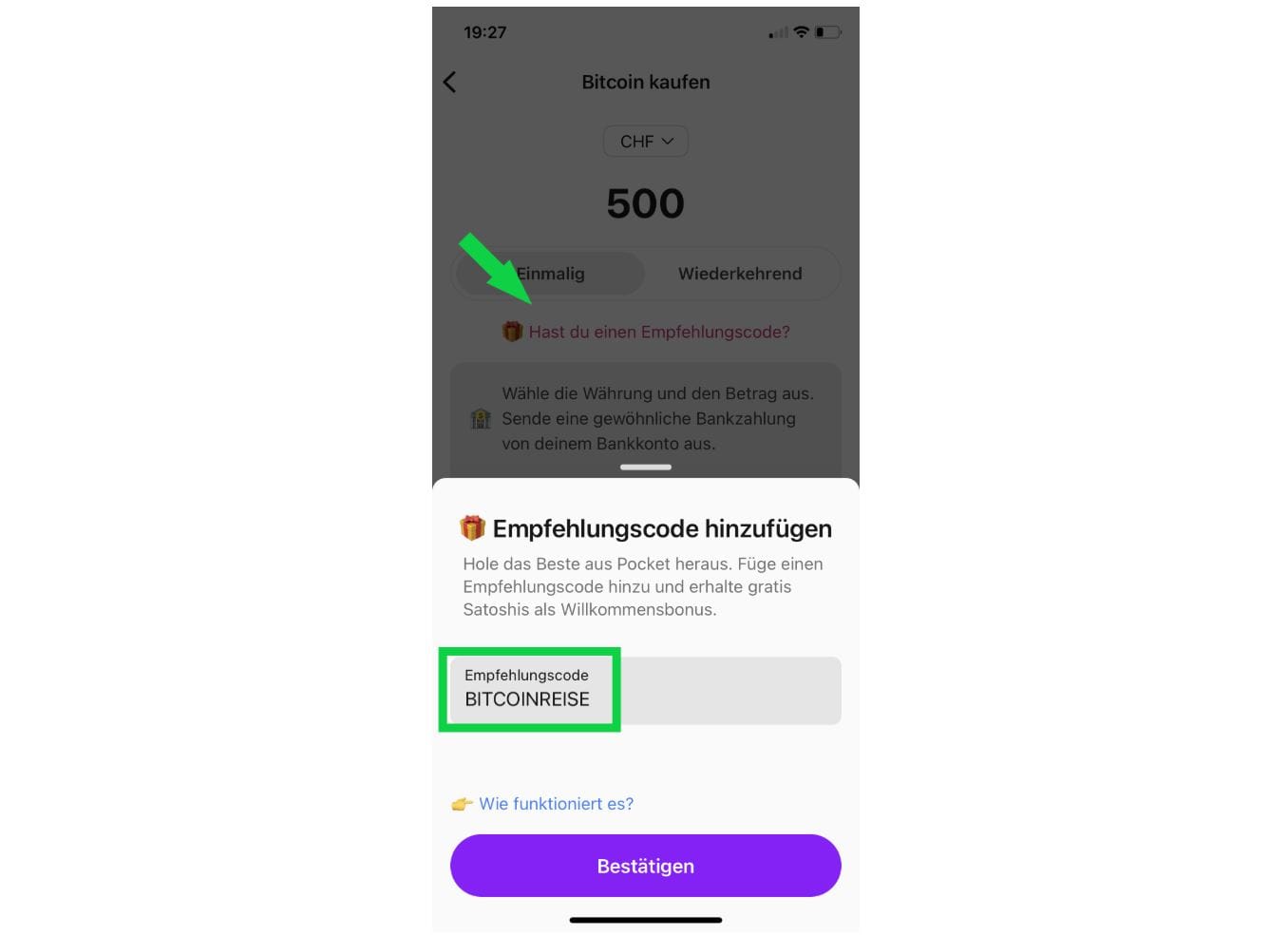 Eingabe des Empfehlungscodes BITCOINREISE in der Pocket Bitcoin App