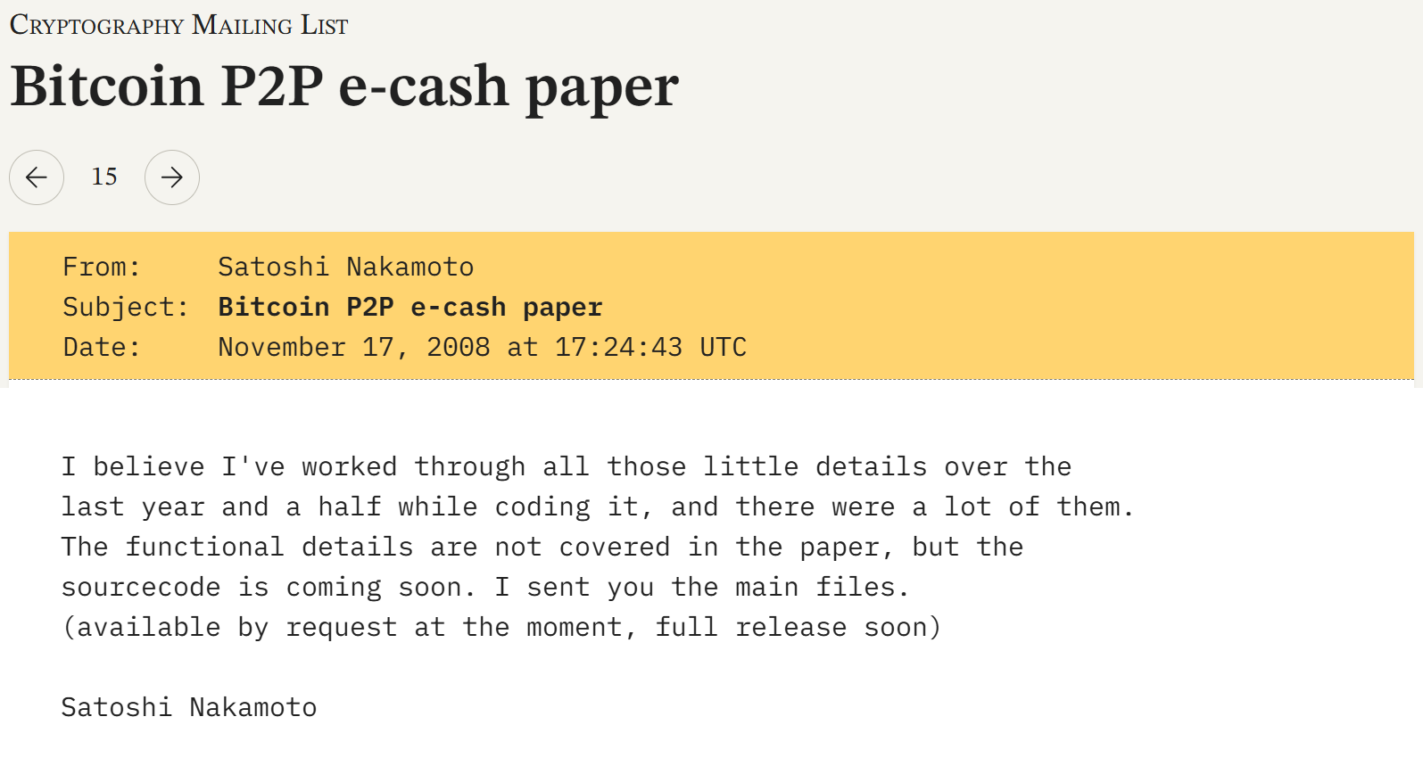 E-Mail Satoshi Nakamoto über die Bitcoin November Version