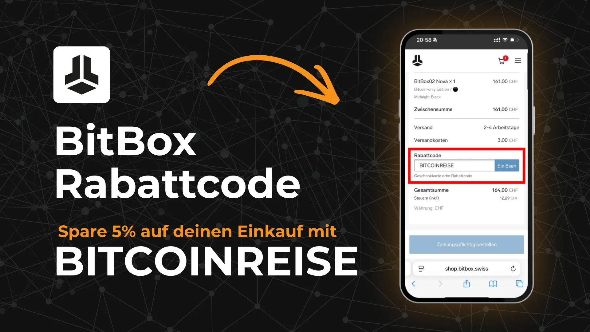 Grafik mit einem Hinweis auf den BitBox Rabattcode BITCOINREISE, dargestellt auf einem Smartphone