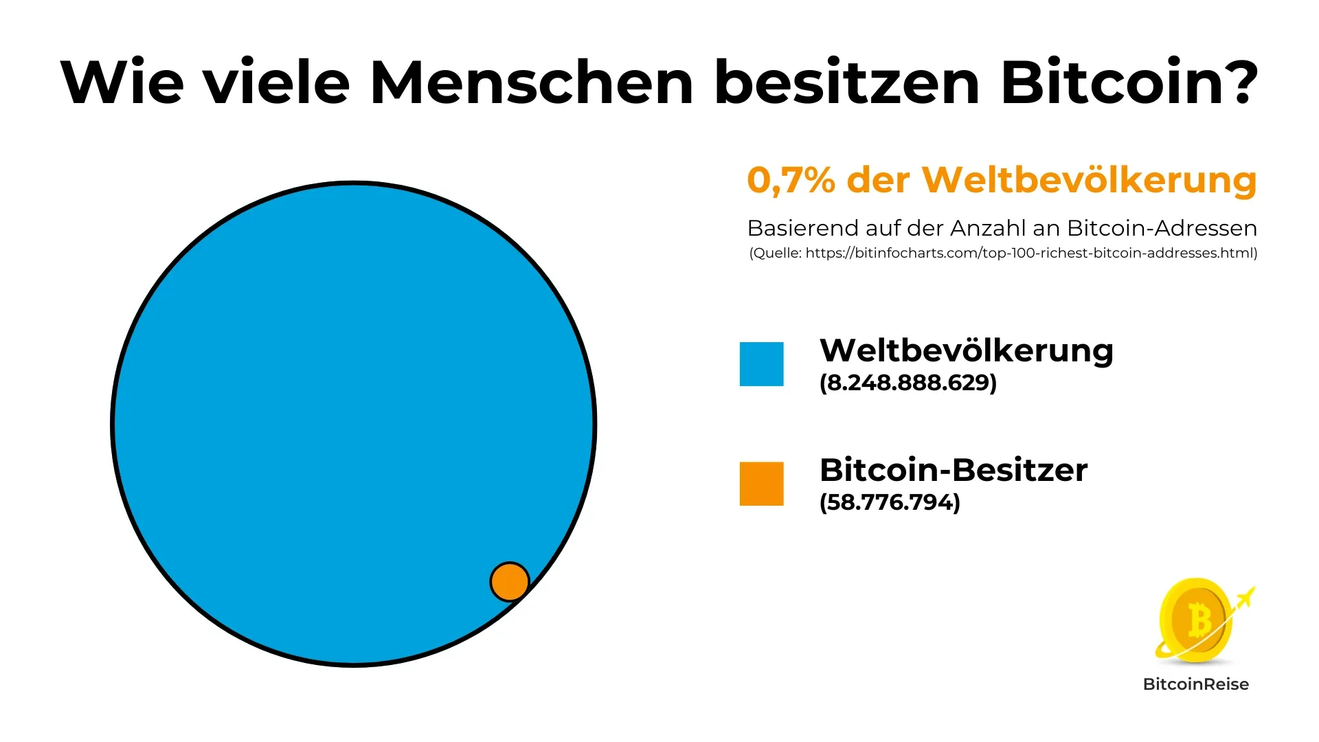 Die Grafik verdeutlicht anhand zweier unterschiedlich grosser Kreise, wie klein der Anteil der Bitcoin-Besitzer an der Weltbevölkerung ist (Stand: Mai 2026).