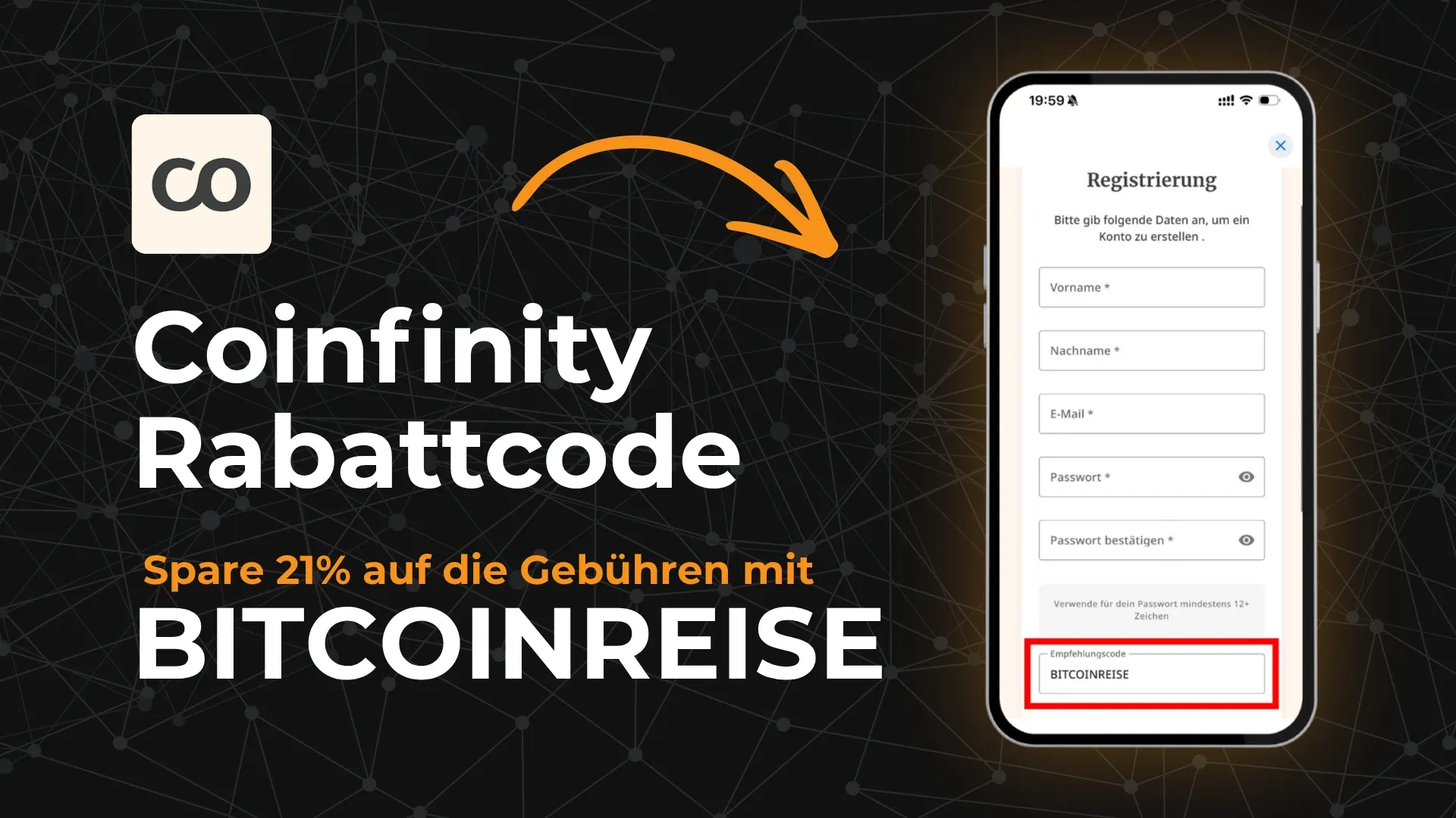 Grafik mit einem Hinweis auf den Coinfinity Einladungscode BITCOINREISE, dargestellt auf einem Smartphone