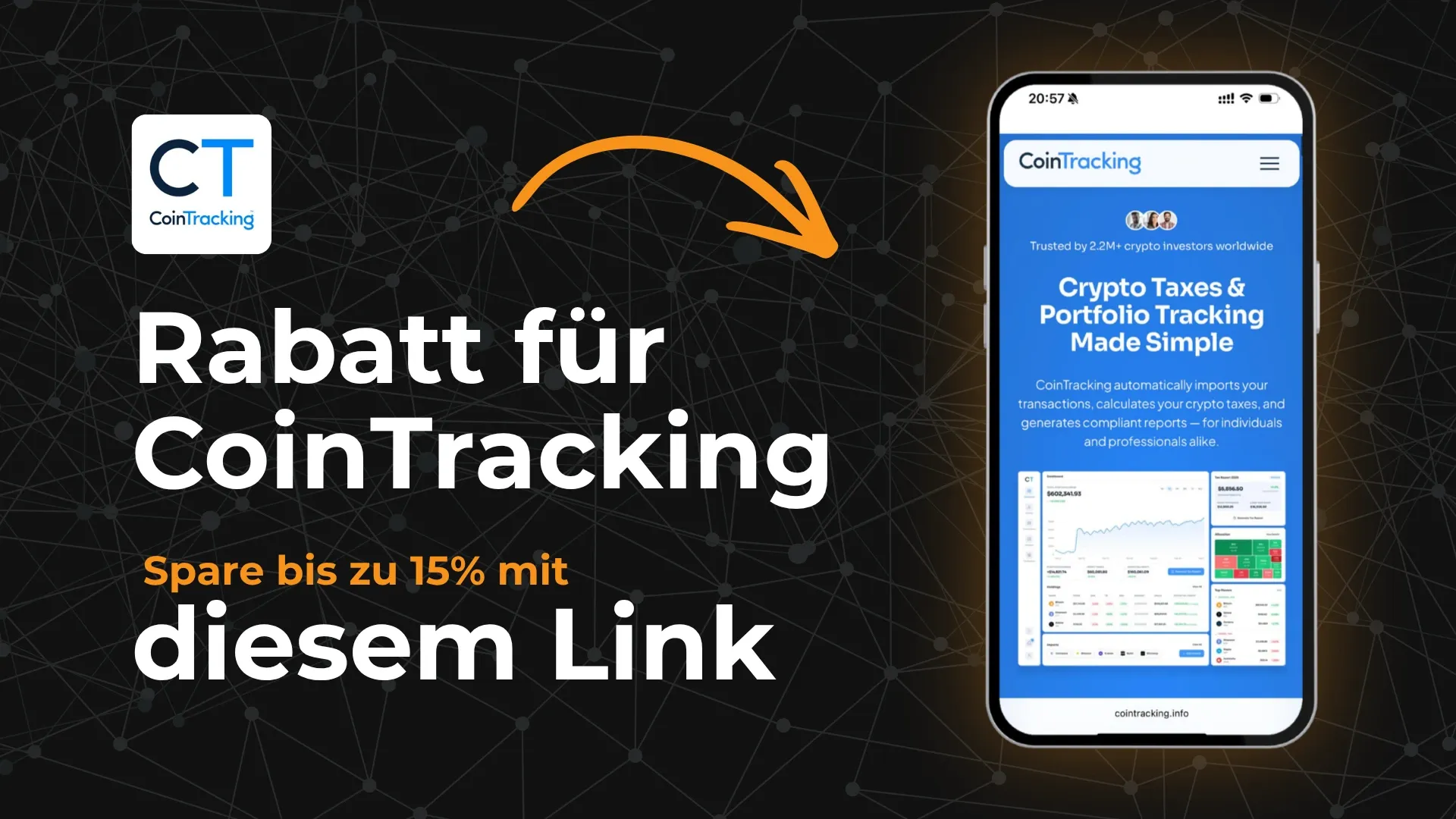 Grafik mit einem Hinweis auf den CoinTracking Rabatt, dargestellt auf einem Smartphone