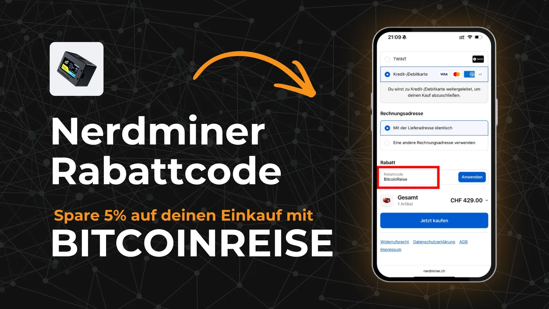 Grafik mit einem Hinweis auf den Nerdminer Rabattcode BITCOINREISE, dargestellt auf einem Smartphone