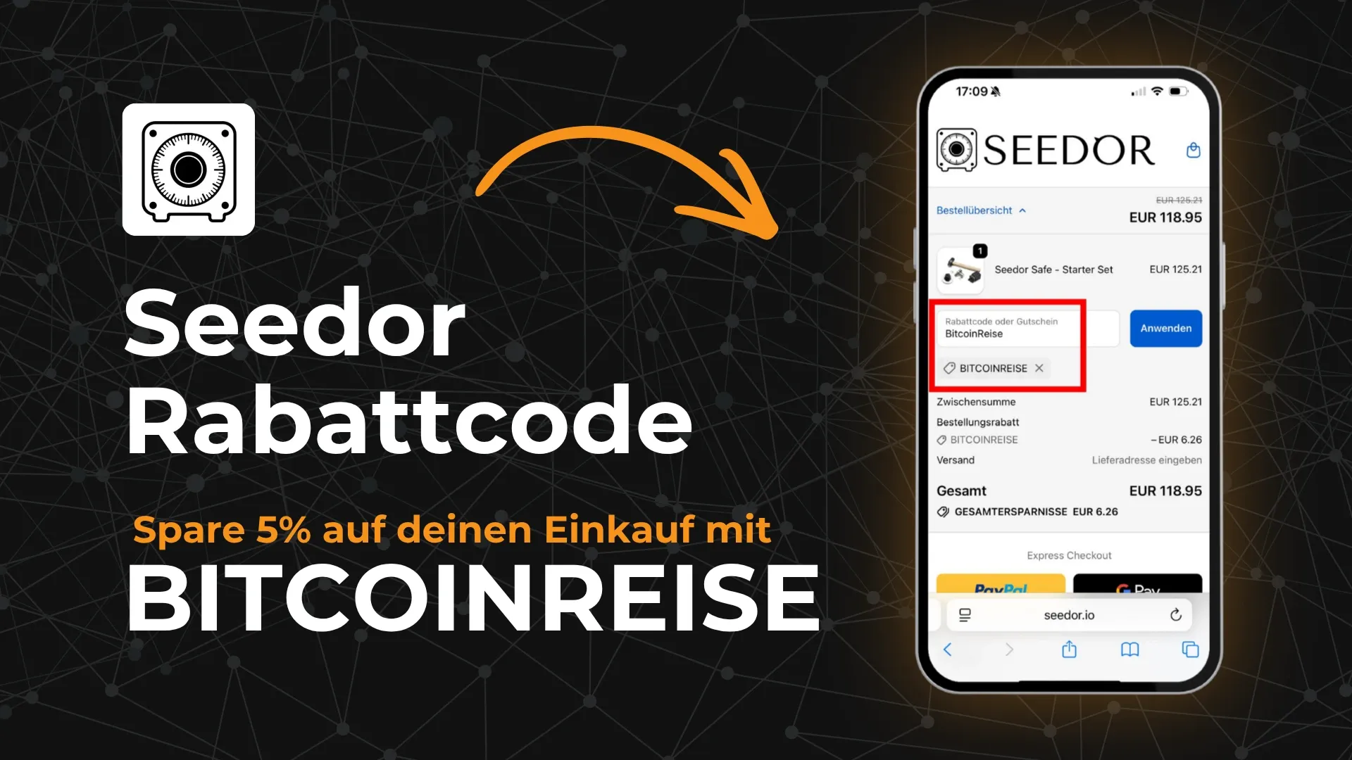 Grafik mit einem Hinweis auf den Seedor Rabattcode BITCOINREISE, dargestellt auf einem Smartphone