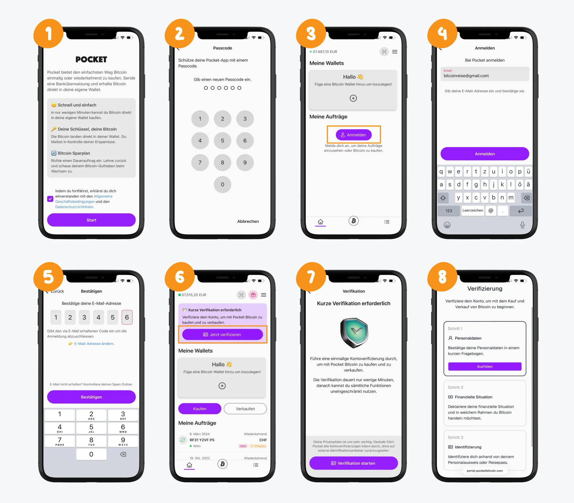 Grafik, die anhand von acht Screenshots aufzeigt, wie ein Konto bei Pocket Bitcoin erstellst wird.