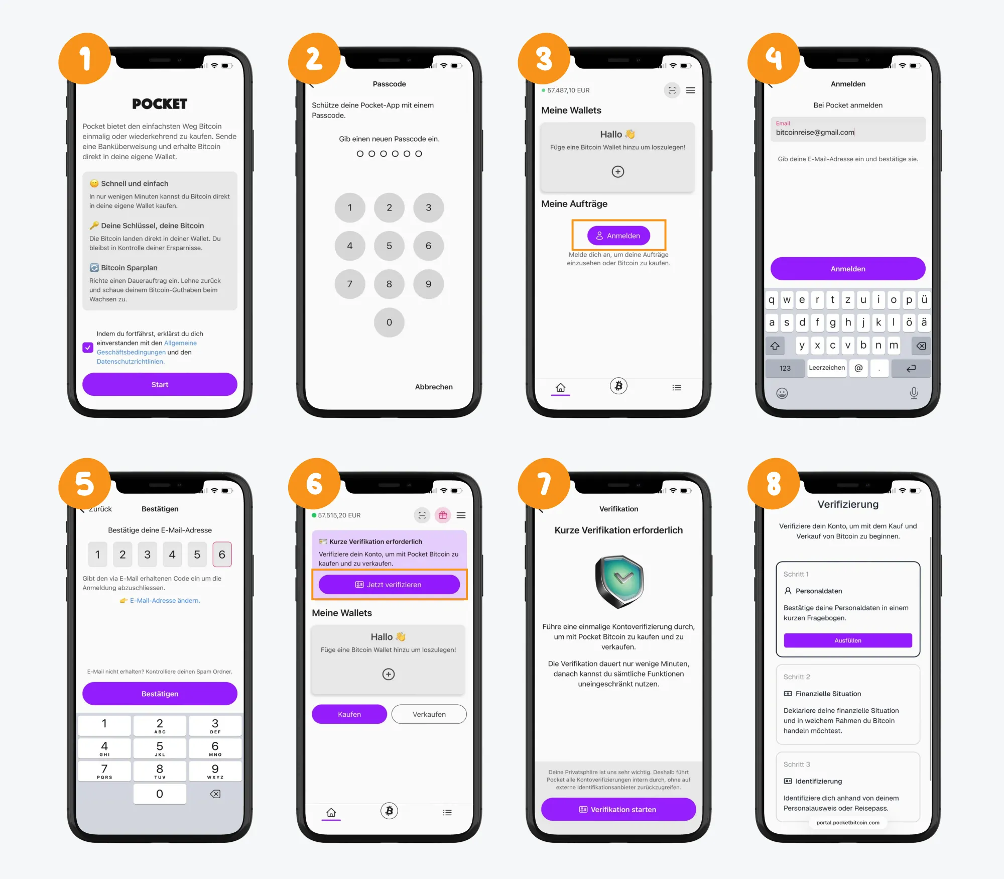 Grafik, die anhand von acht iPhone Screenshots aufzeigt, wie du ein Konto bei Pocket Bitcoin erstellst.
