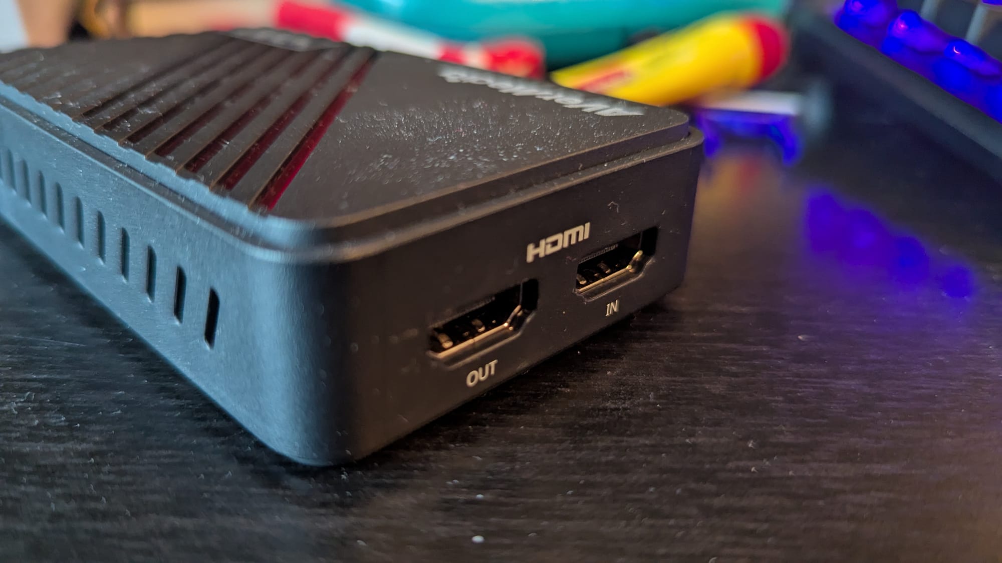 A picture of the AVerMedia Live Gamer Ultra S' HDMI Out and In ports