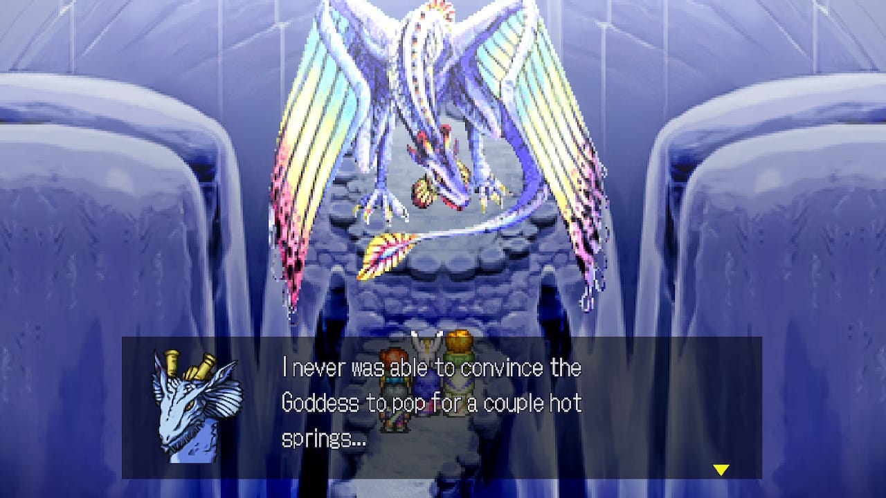 The Blue Dragon complains that the goddess didn't give him a few hot springs to soak in