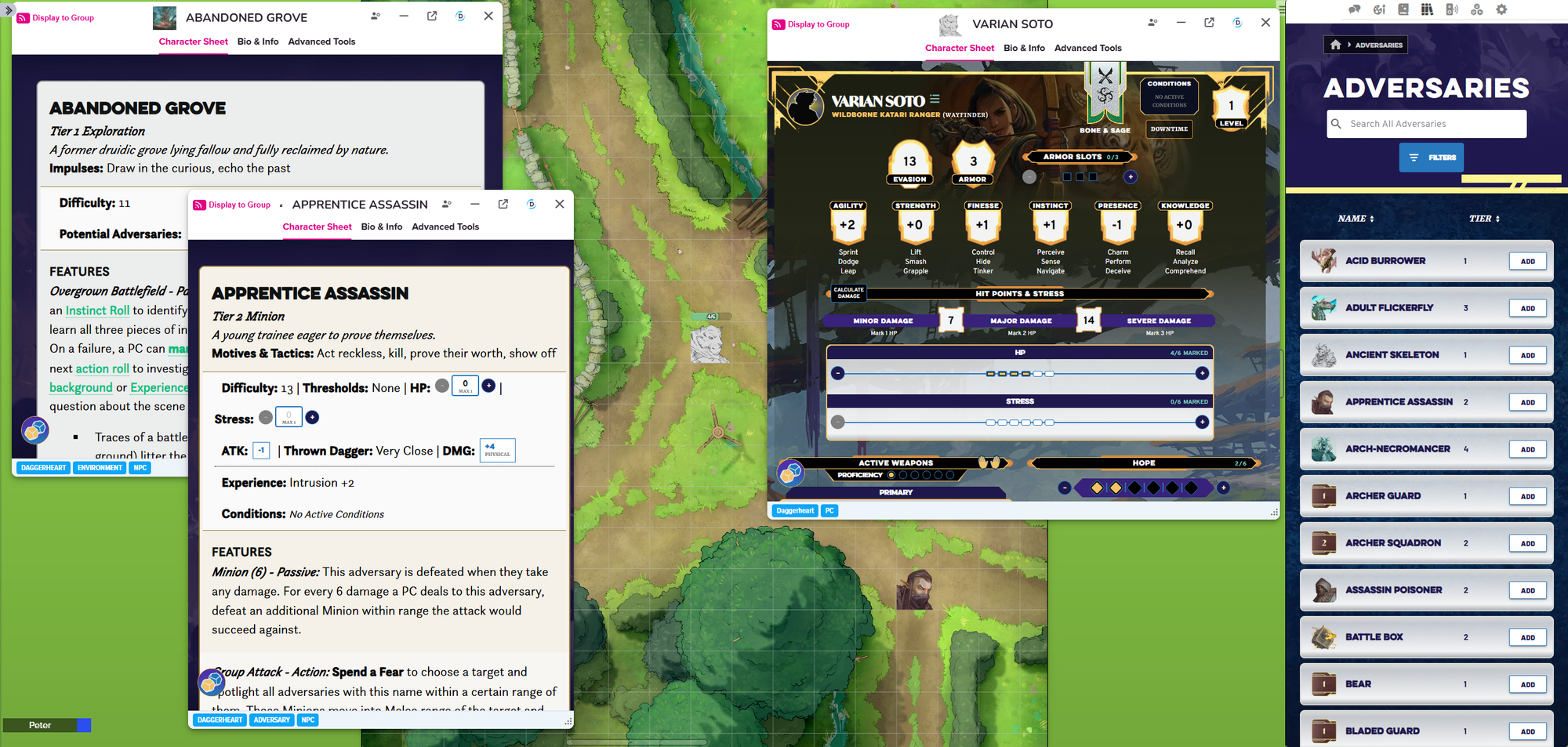Demiplane NPC and player character sheets as they appear in Roll20