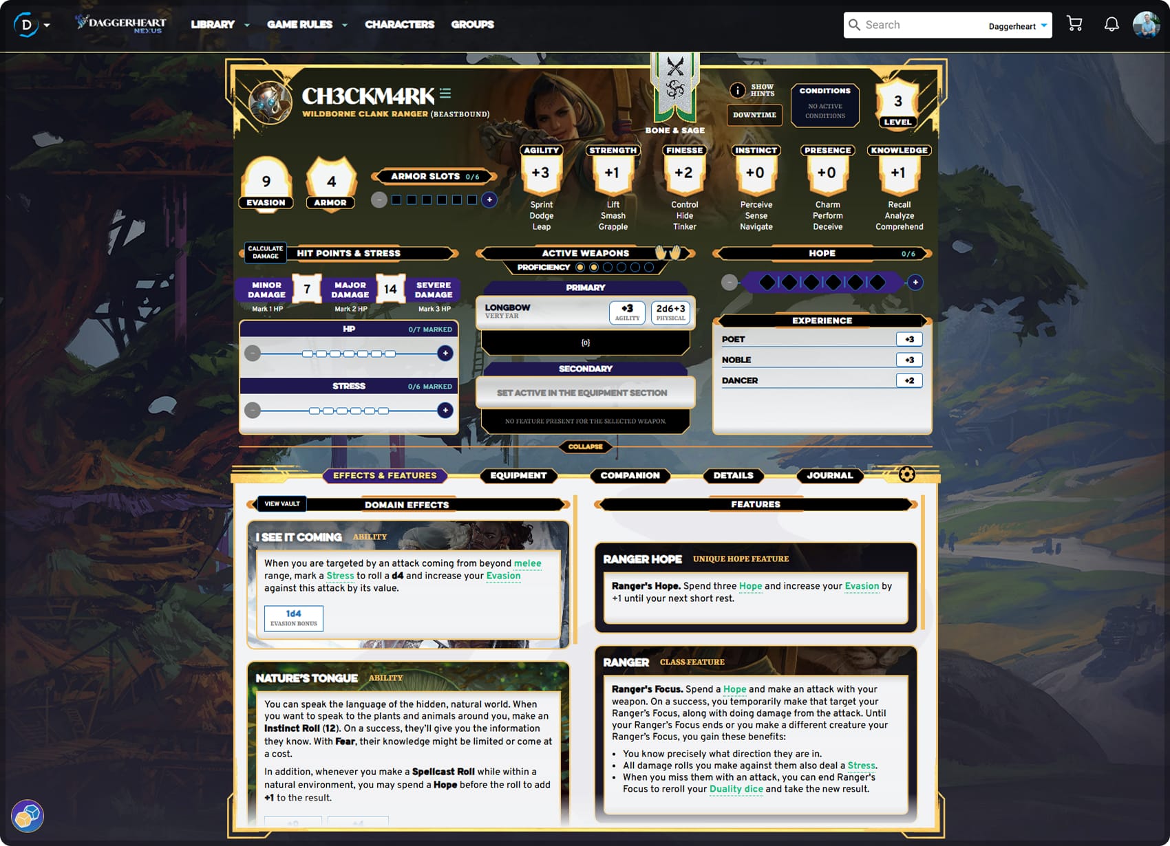 Demiplane's Daggerheart character 'sheet'