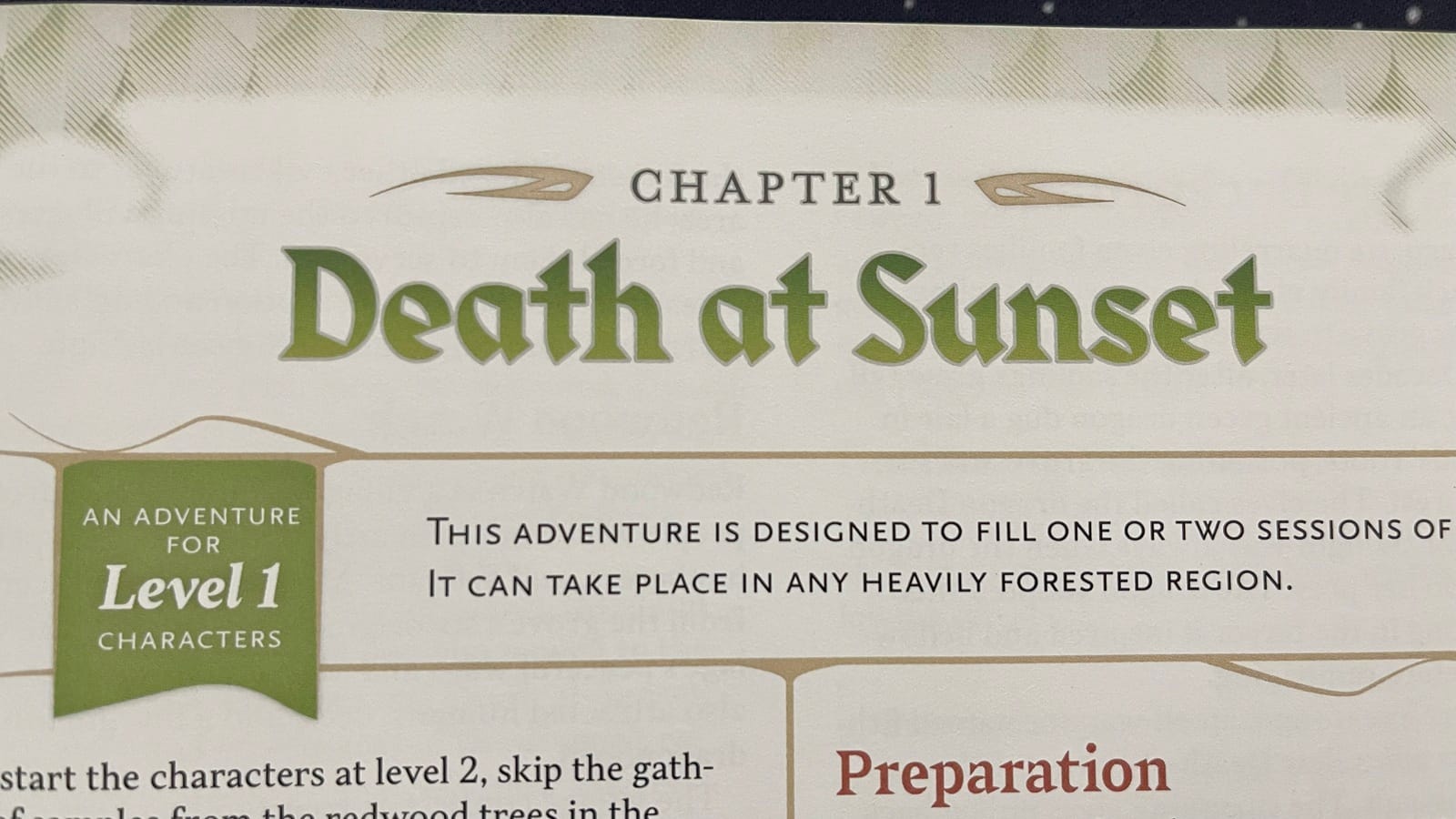 A photo of an entry in the book showing the title of a chapter, player character level information, and an estimate of how long the adventure should take in play sessions..