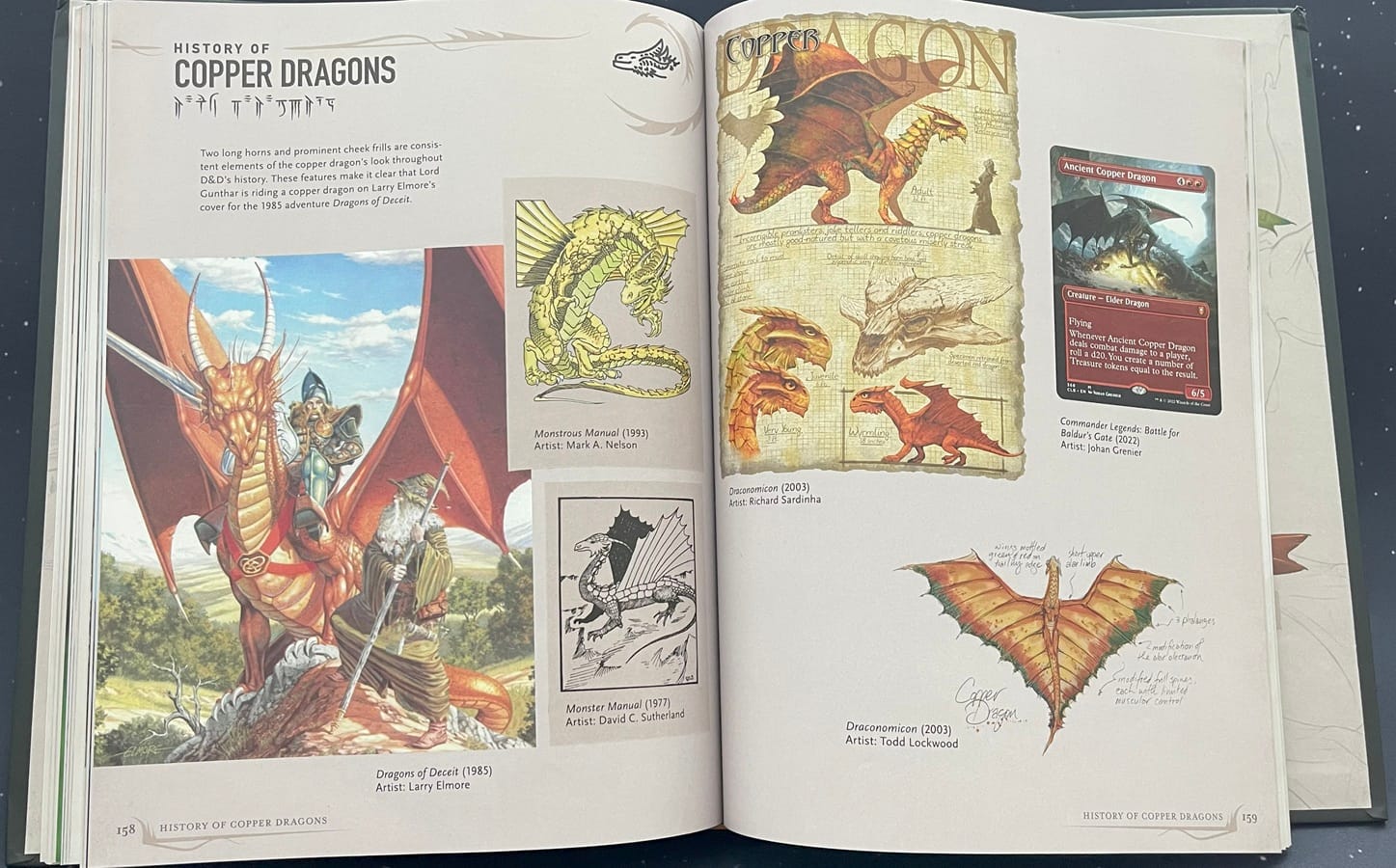 A photo of the book open to pages 158 and 159, showing artwork of the copper dragon in D&D from the 1980s and on.