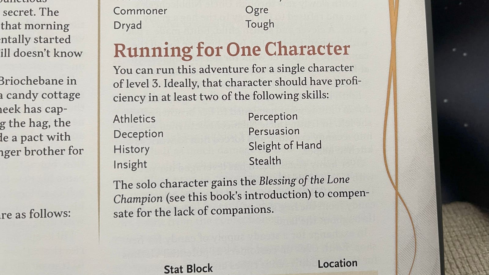 A photo of an entry in the book advising the DM on how to run the adventure for a single character.