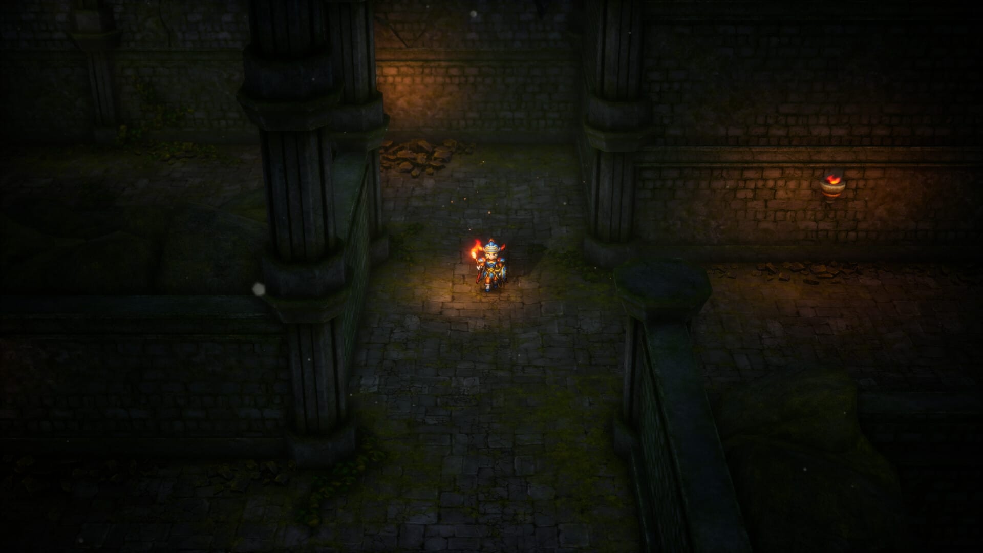 The Hero explores a dark dungeon by torchlight.