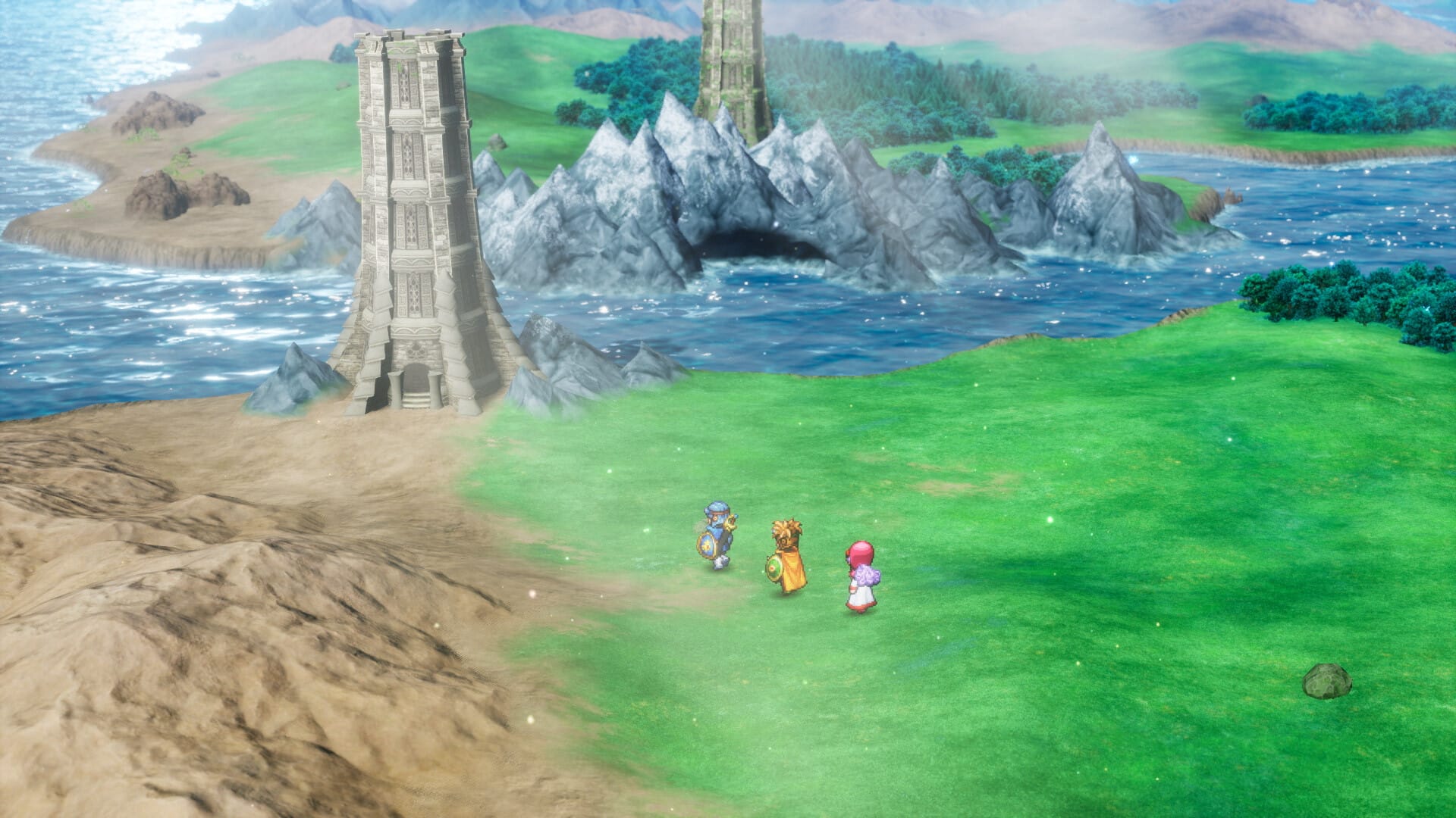 The three heroes from the original version of DRAGON QUEST II explore the overworld, moving towards a tower.