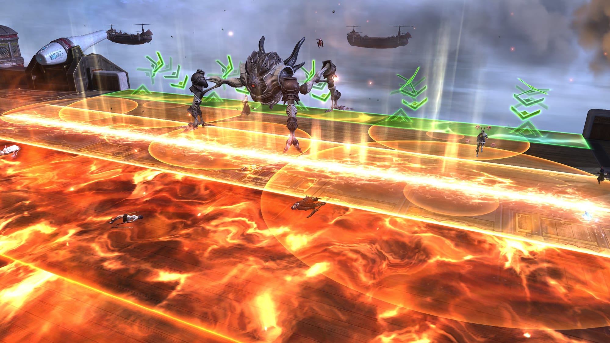 A chaotic combat scene where the player is dead on the floor in the middle of an AoE.