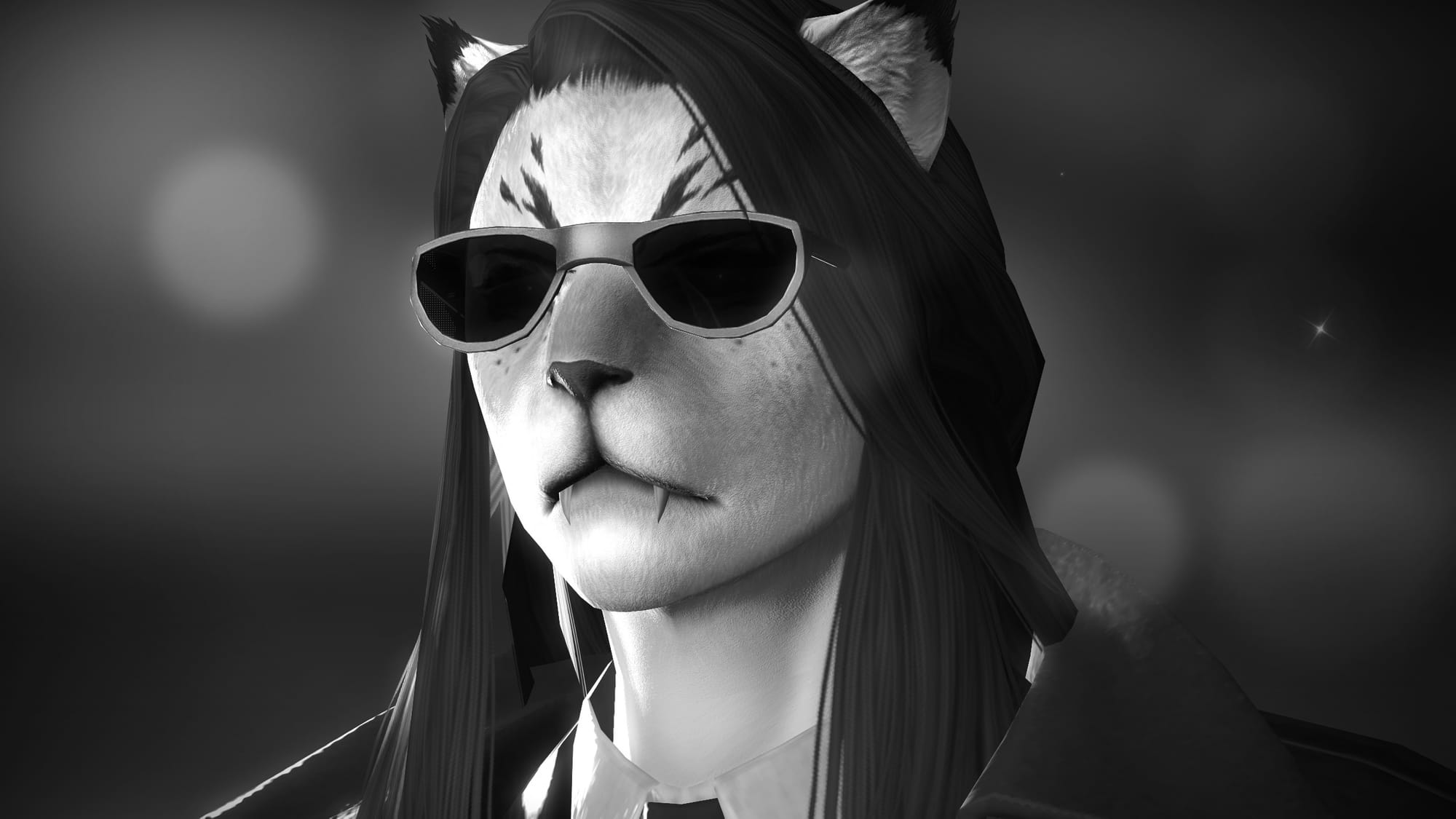 A female Hrothgar wearing sunglasses and a detective's outfit. 