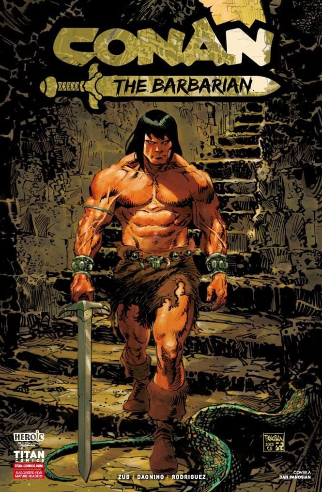 Conan grimly descending underground stairs, sword in hand, as a scaly form begins appearing at the bottom.
