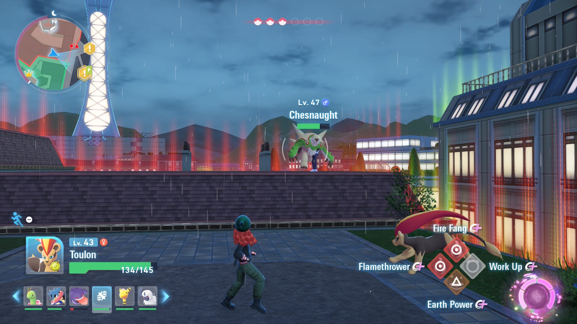 Pyroar and Chesnaught duke it out on the Lumiose rooftops