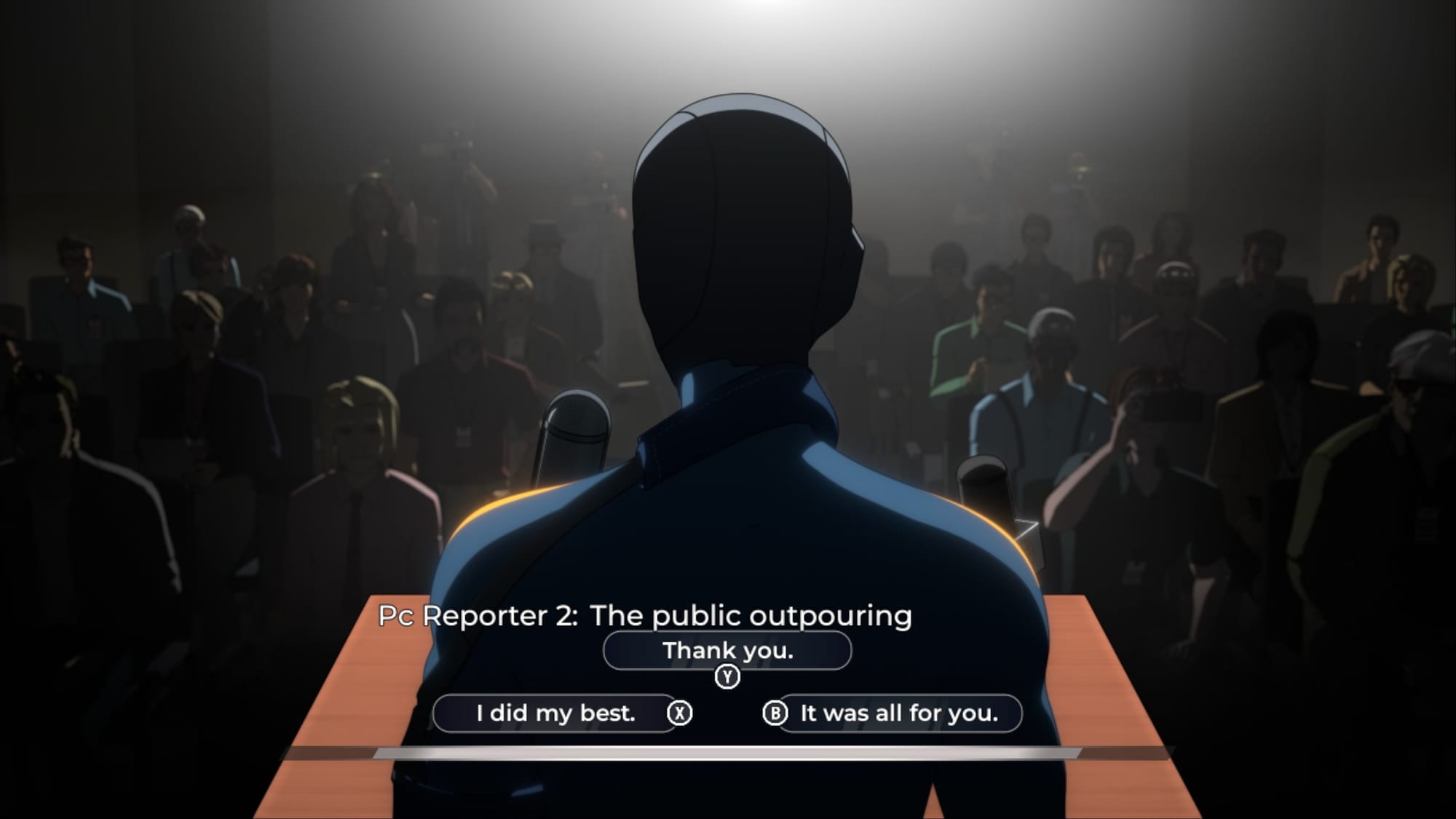 Mecha Man holding a press conference about his forced retirement.