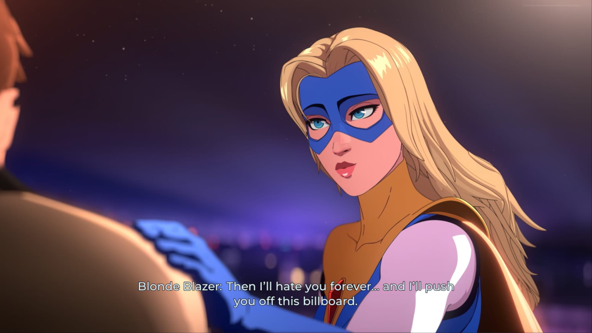 Robert and Blonde Blazer sitting on top of a billboard, Blazer touching Robert's shoulder.