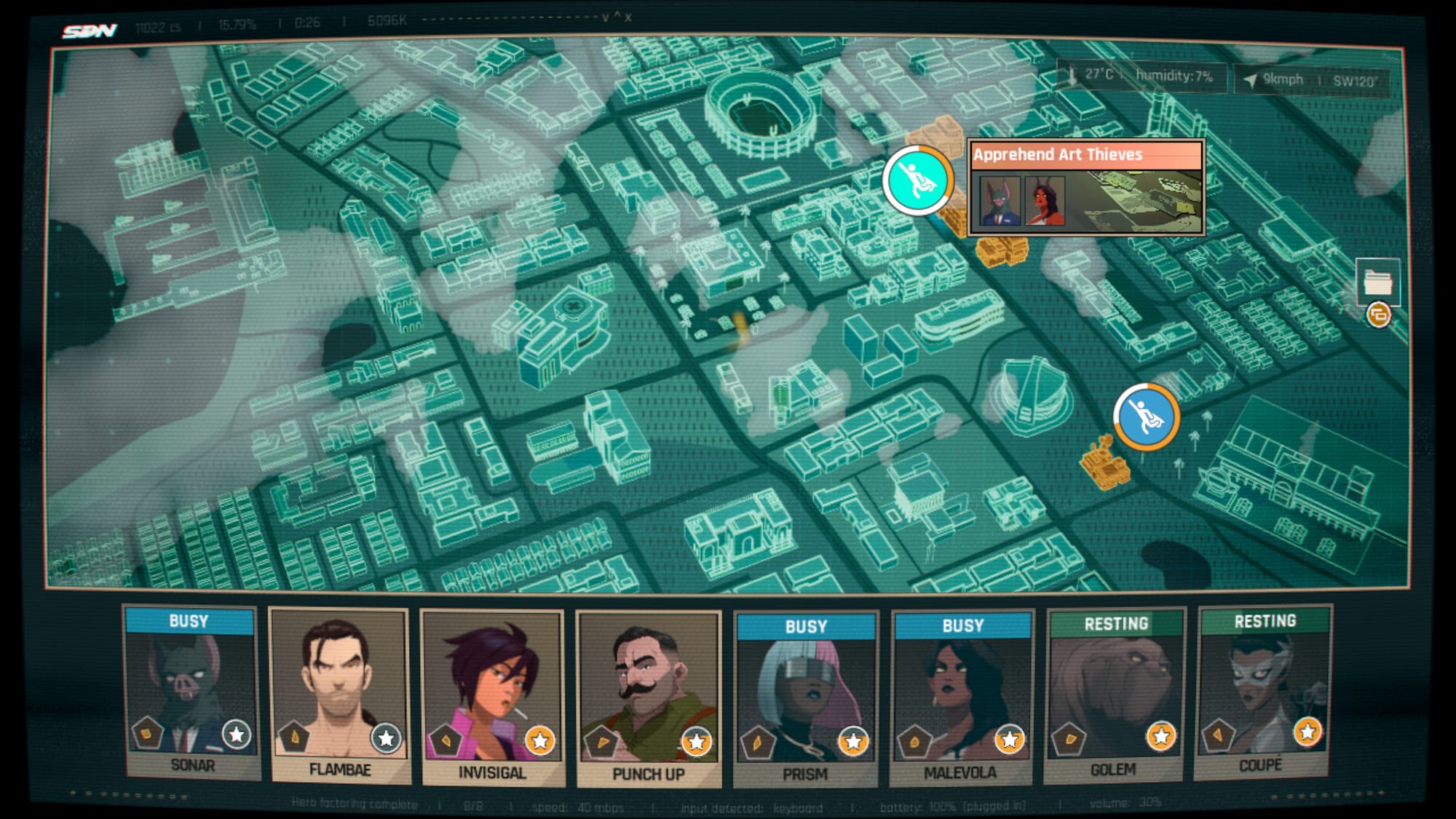 The basic dispatching screen, with heroes busy, resting, or waiting to be dispatched. 