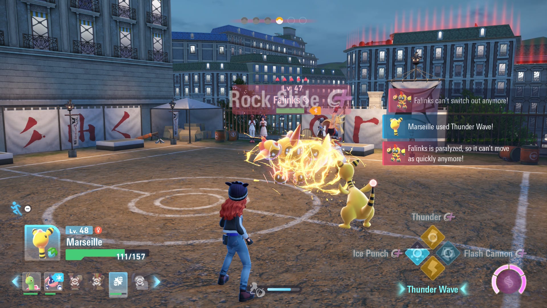 Ampharos blasts lightning at a Mega Evolved Falinks