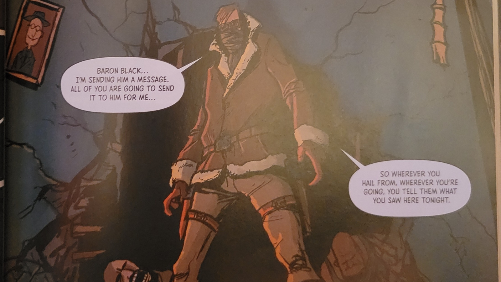 Captain Kraken stands amidst the wreckage of a recent fight