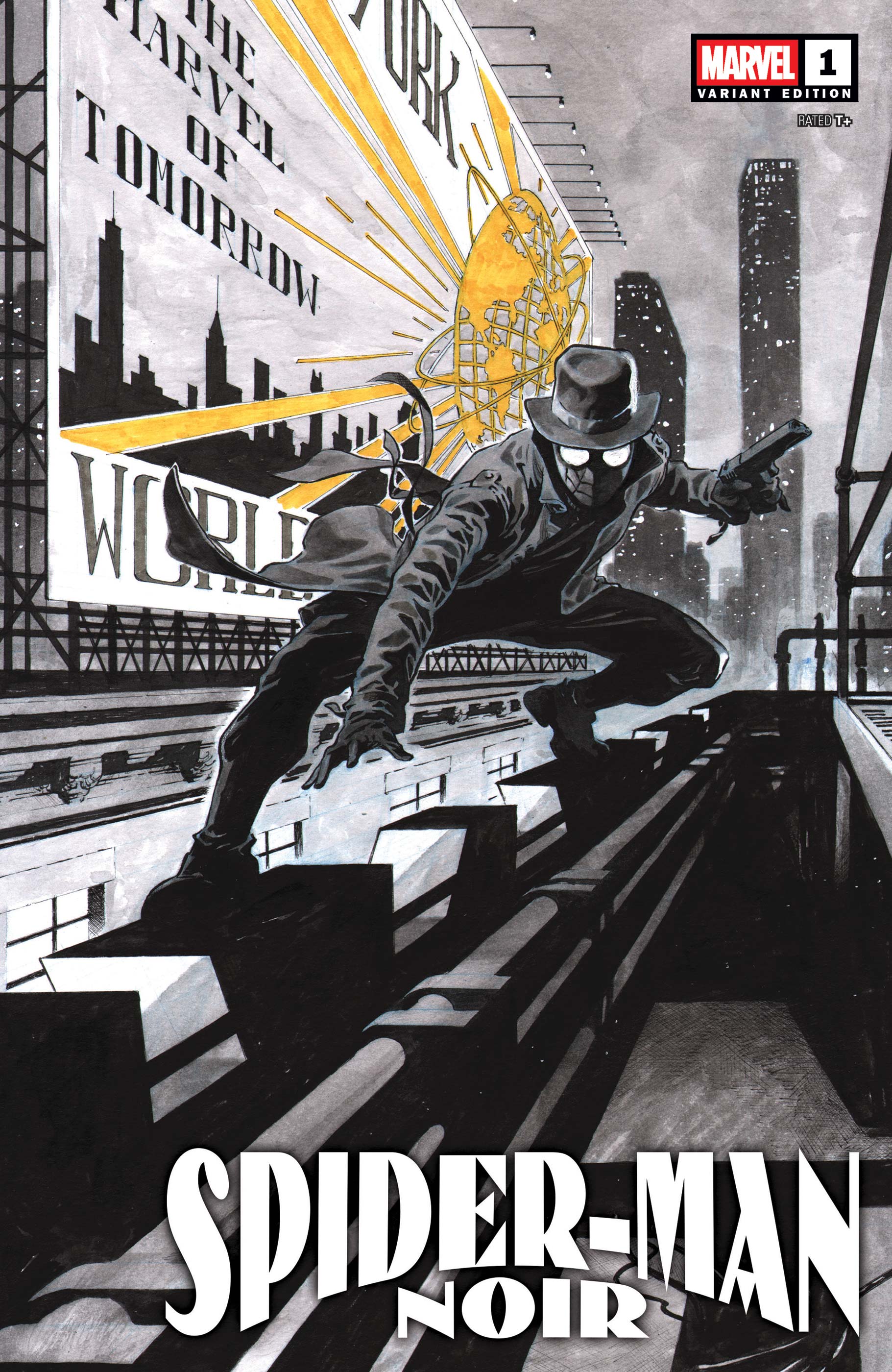 Spider-Man poses against a mostly black-and-white backdrop on this vintage-inspired variant cover of Spider-Man Noir (2025) #1