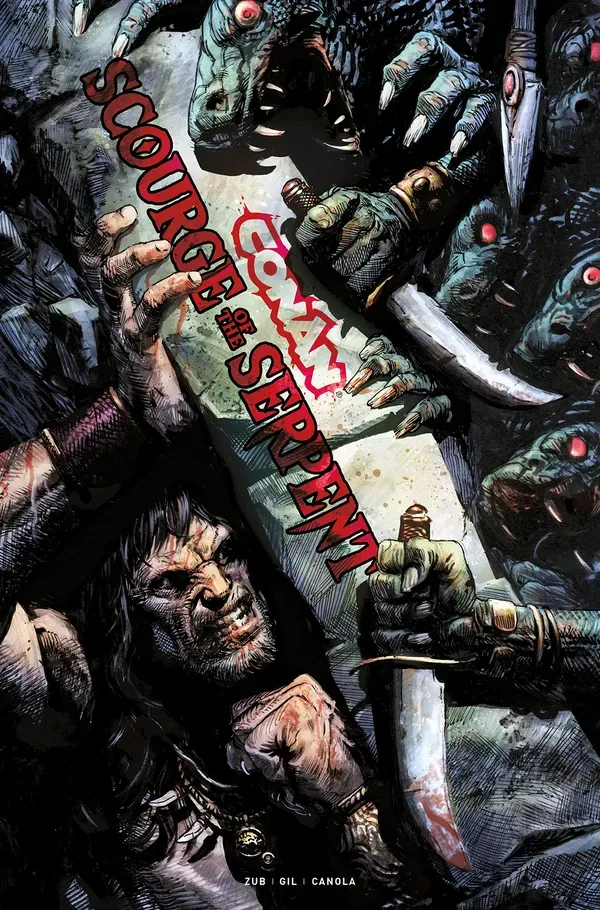 Conan strains to hold back the serpentine forces of Set on the cover of Jim Zub's Conan: Scourge of the Serpent