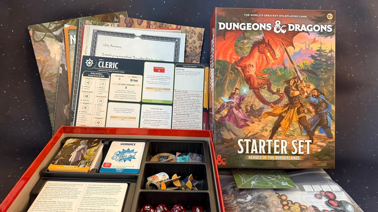 The contents of the Dungeons & Dragons Starter Set: Heroes of the Borderlands box on display.