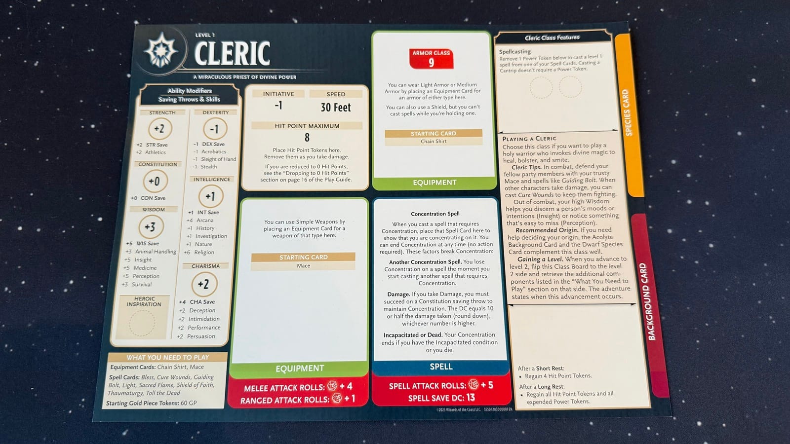 The player board for the first level cleric from the Dungeons & Dragons Starter Set: Heroes of the Borderlands.