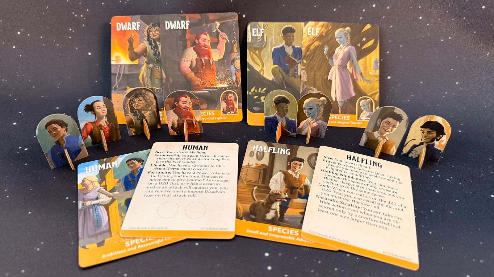 Dwarf, elf, human, and halfling cards from the Dungeons & Dragons Starter Set: Heroes of the Borderlands displayed, some front some back. Species tokens represented as well.