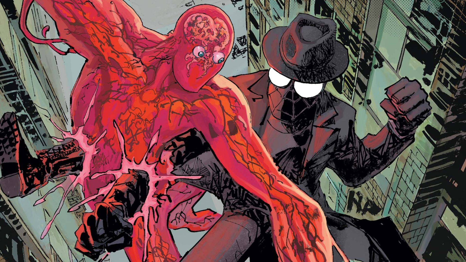 Spider-Man and Plasma-Man battle it out above the streets of 1930's New York on this variant cover of Spider-Man Noir #3