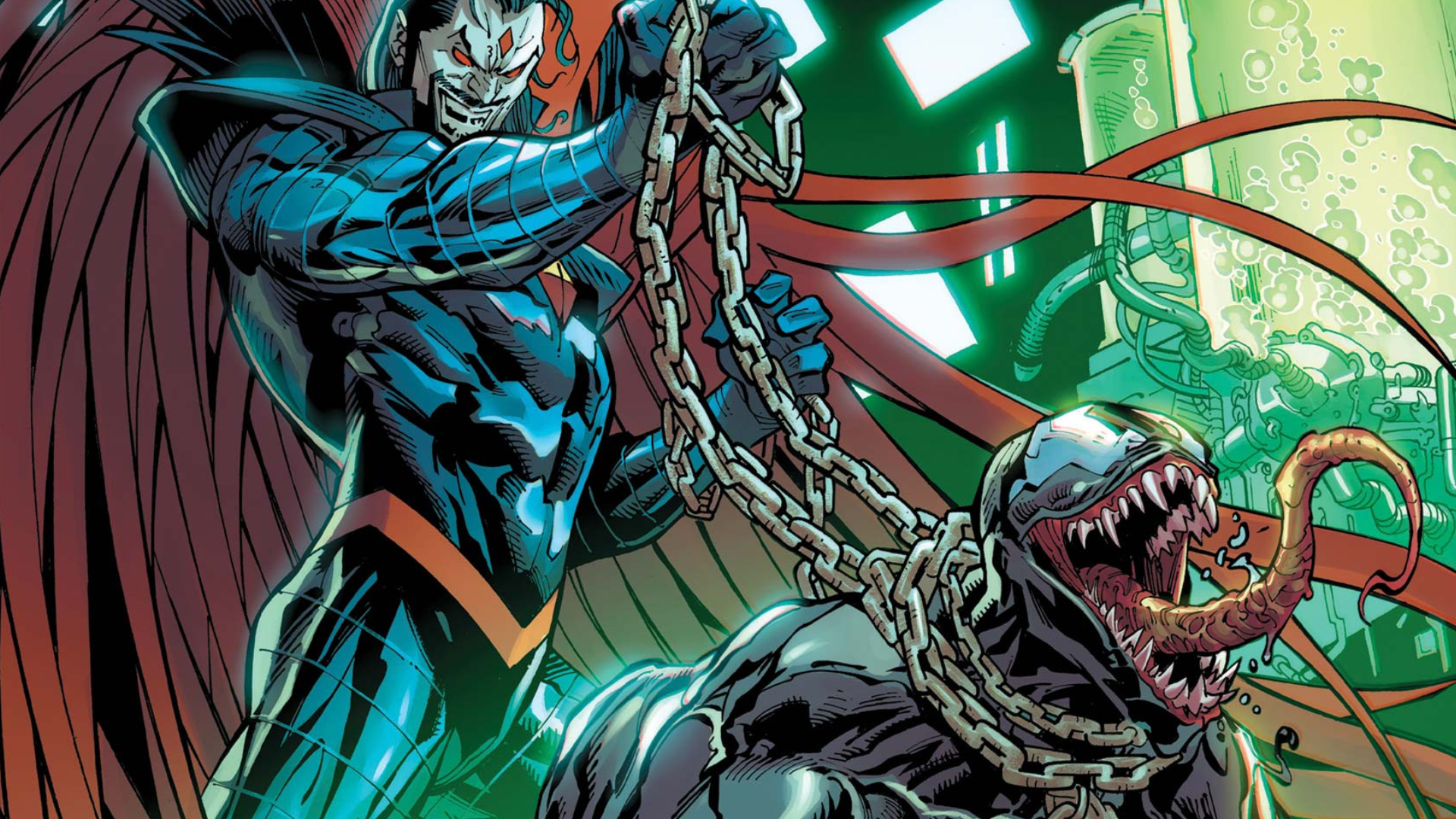 Mr. Sinister holds Venom in chains on this variant cover of Sinister's Six #3 from Marvel Comics.
