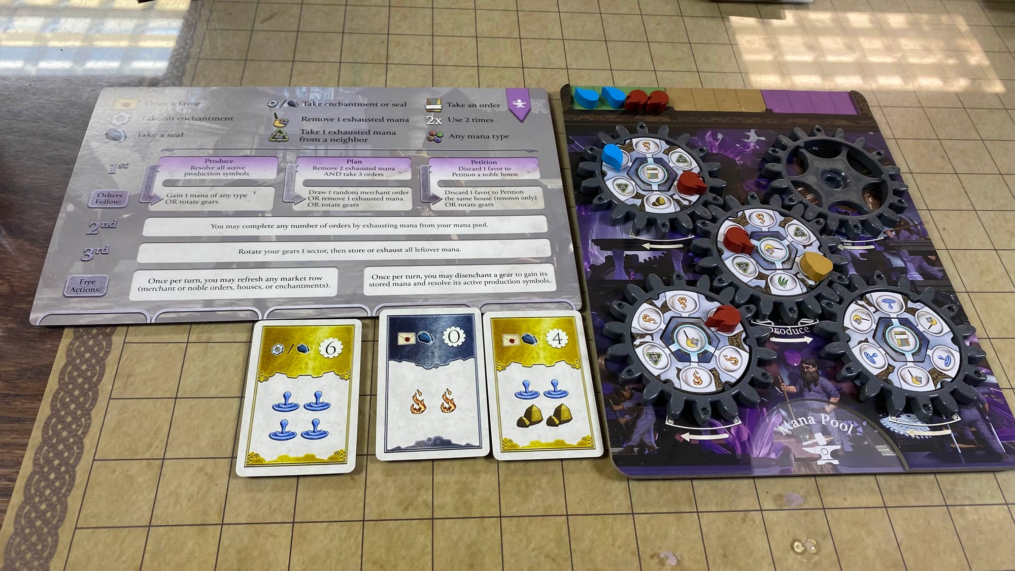 Both of the Dwarves' boards: the player board with active contracts on the left, the gear board with various upgrades and mana on the right.
