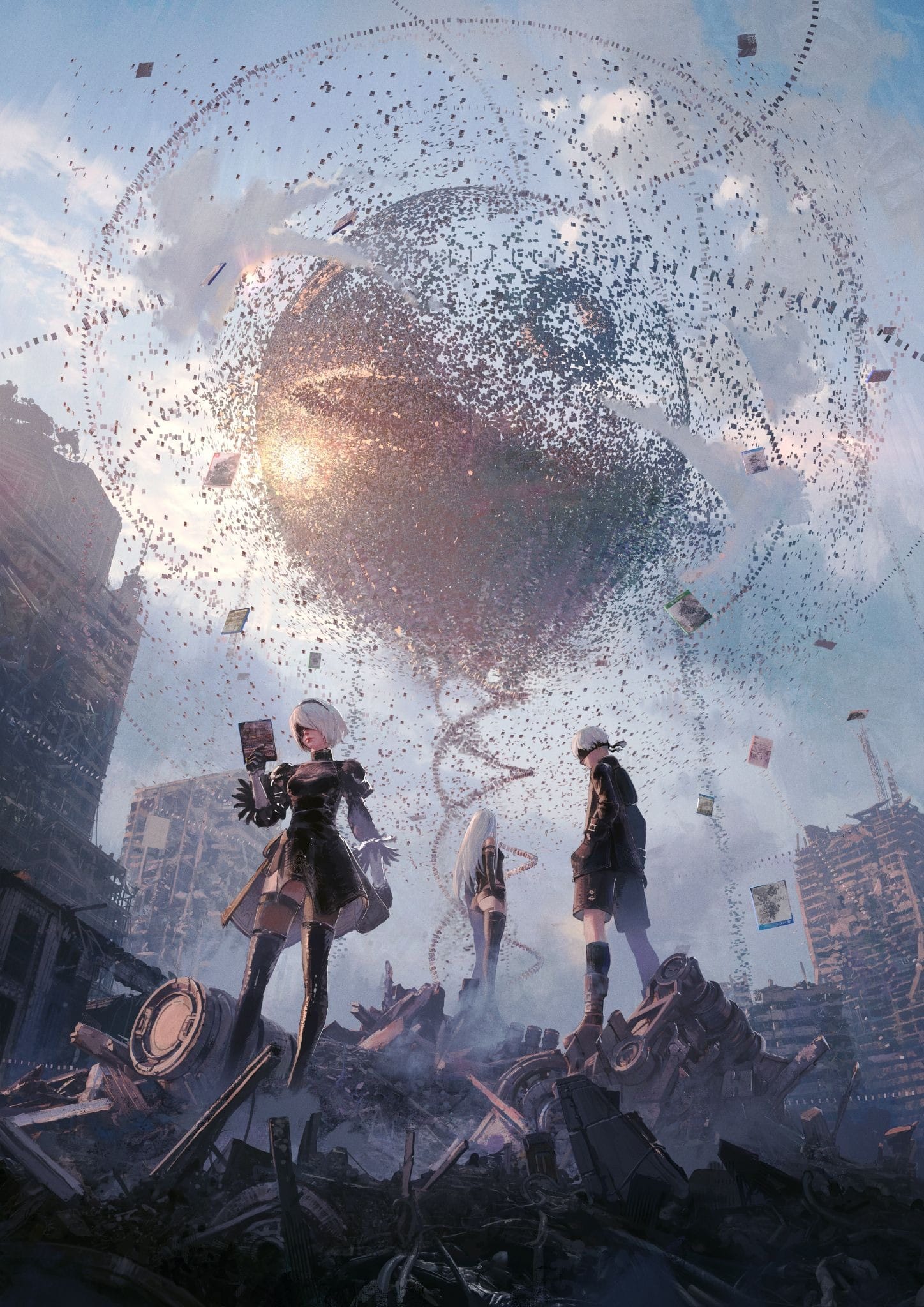 An image to celebrate 10 million copies sold, with 2B looking at a book, 9S looking at 2B, and A2 looking into the sky at various books forming a giant Emil head in the sky. 