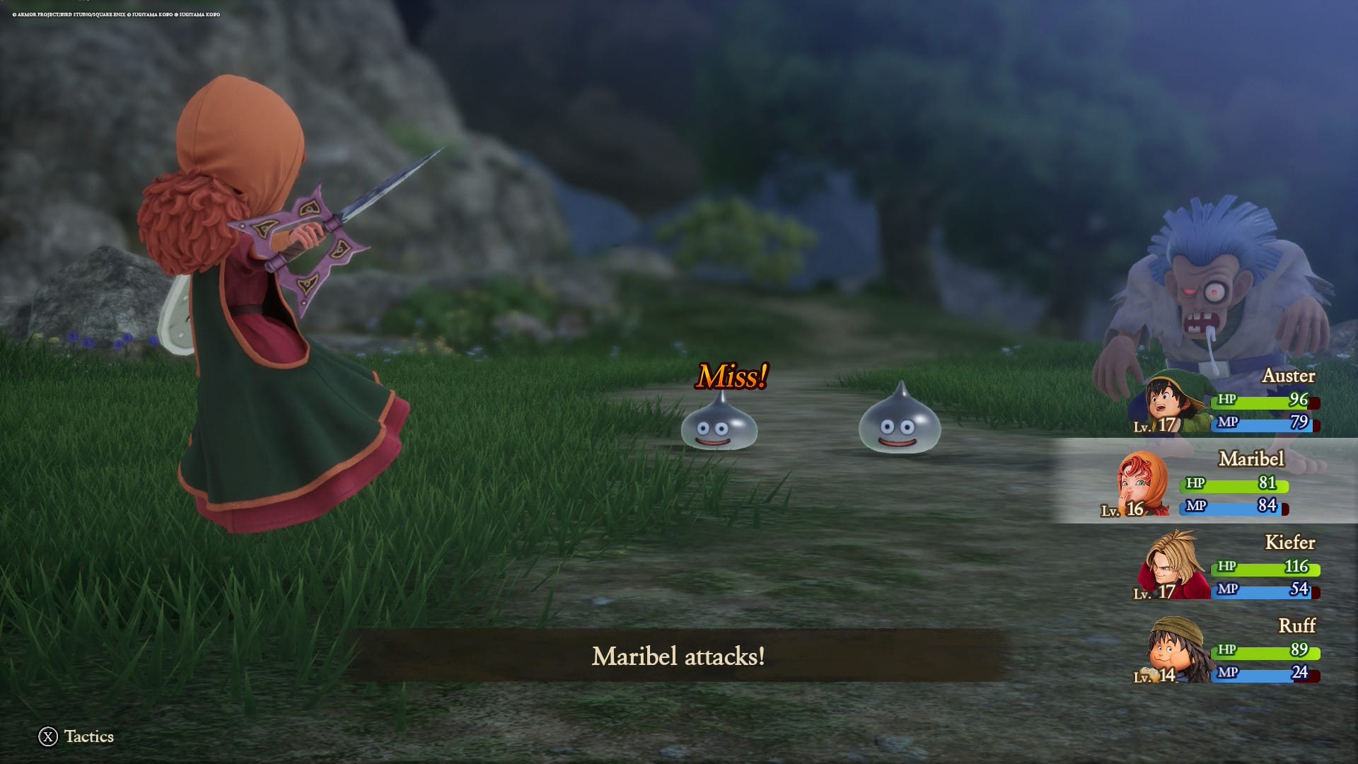 Maribel attacks a metal slime and misses.