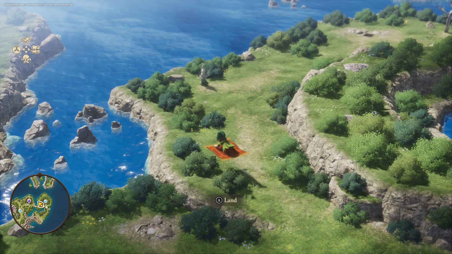 Auster flies across the landscape on a magic carpet.