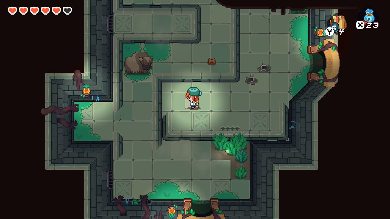 Nia leads a yak around a dungeon with treats.