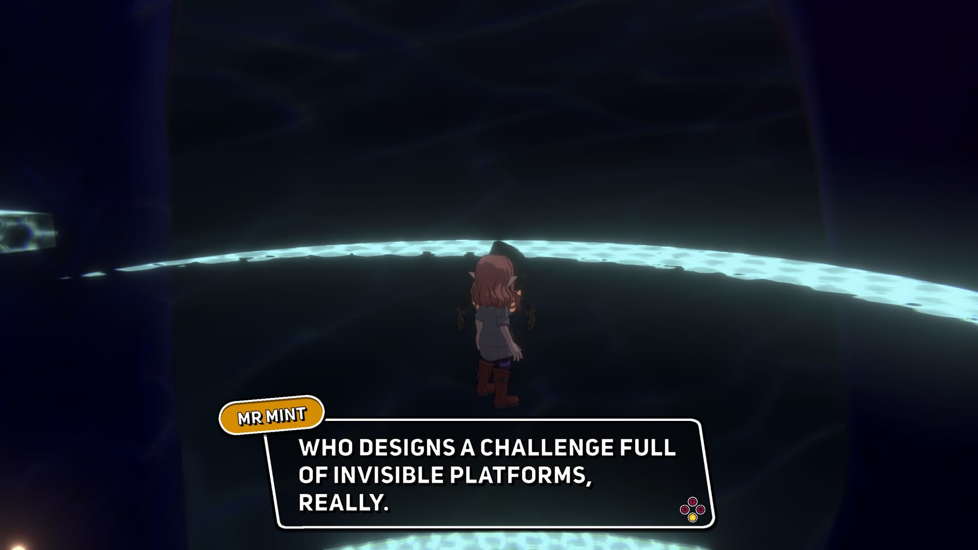 Mr. Mint complaining about a challenge he designed full of invisible platforms.