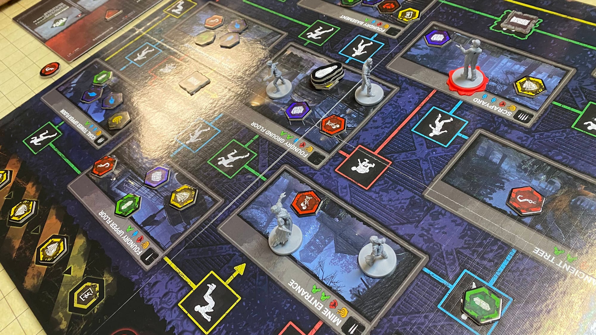 The game board in a late-game state, full of revealed Props and a filled Generator track as the survivors win the game