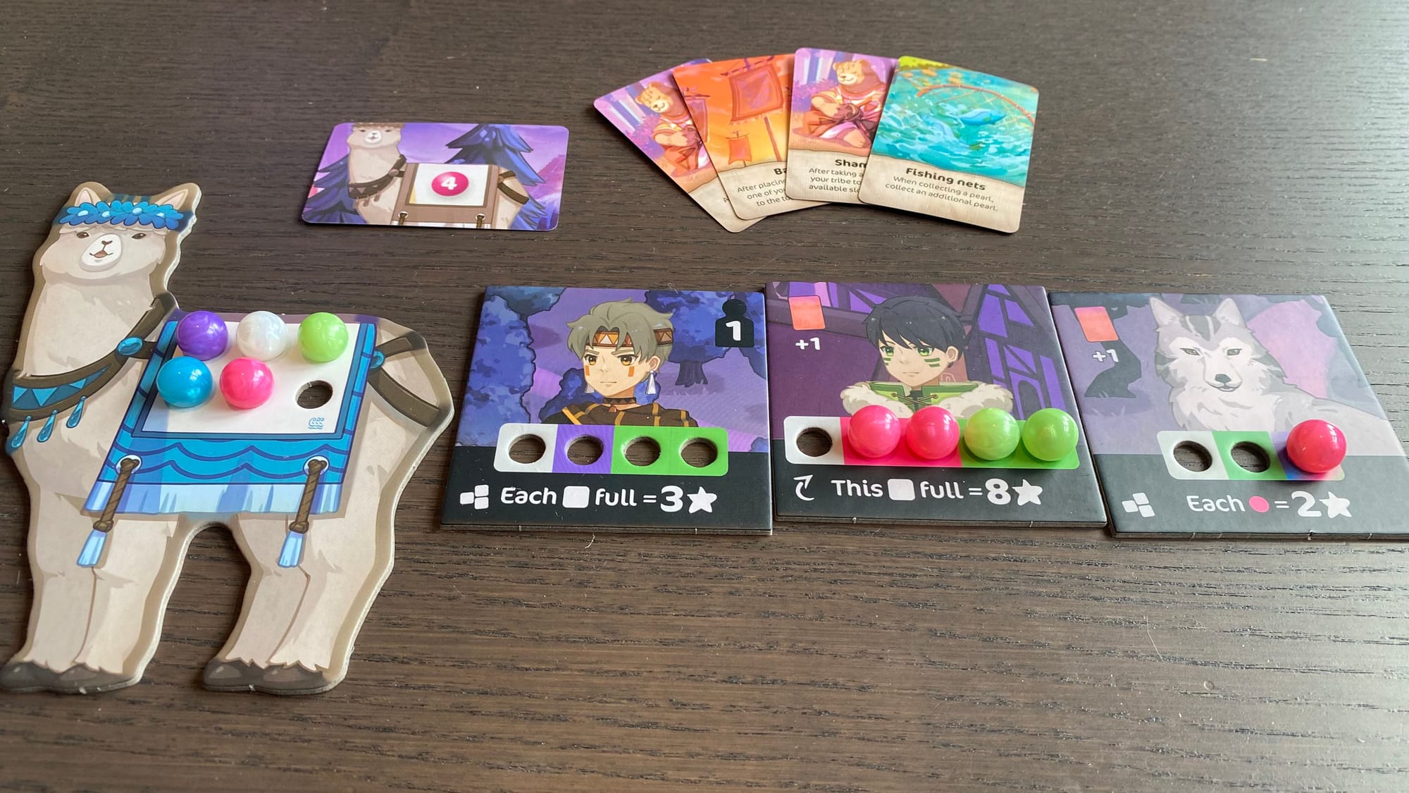 A player's tableu of Alpaca and Villagers filled with pearls, as well as an Alpaca goal and some camp cards