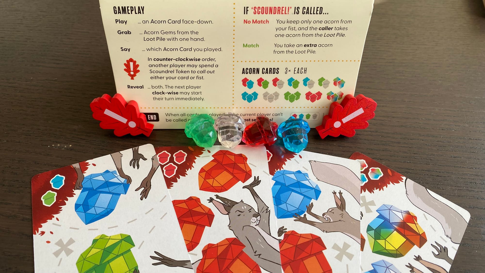 All the components on display, including some card examples and the player reference